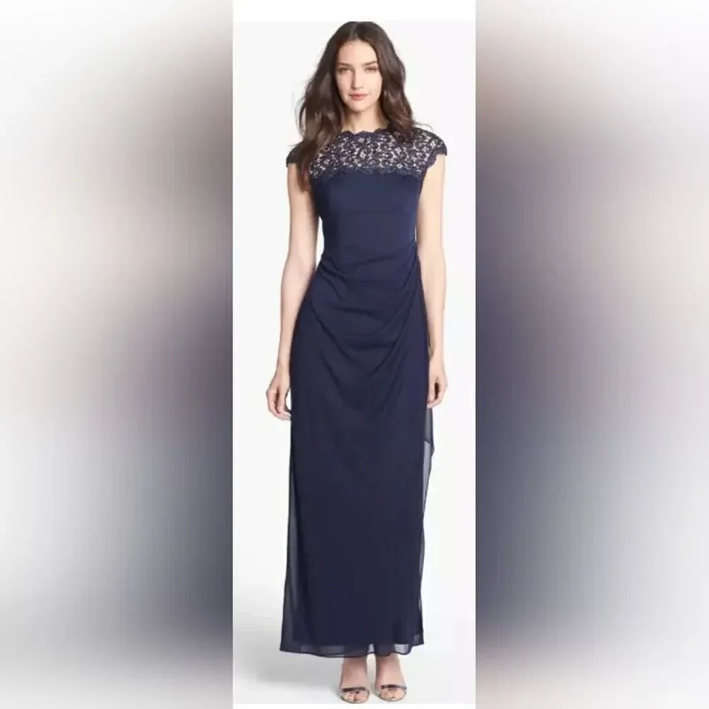 Alex Evenings Lace Ruffle Column Gown NWT size 10 Navy Blue